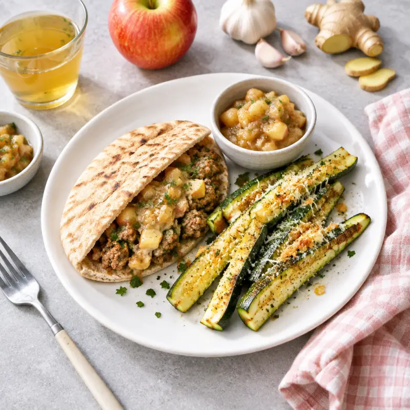 Pork-Stuffed Pita with Creamy Apple Chutney & Parmesan Zucchini Spears, plated