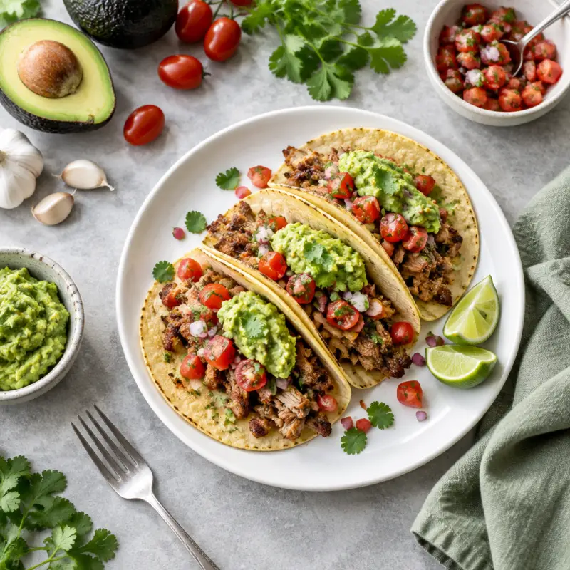 Pork Tacos with Pico de Gallo & Guacamole, plated