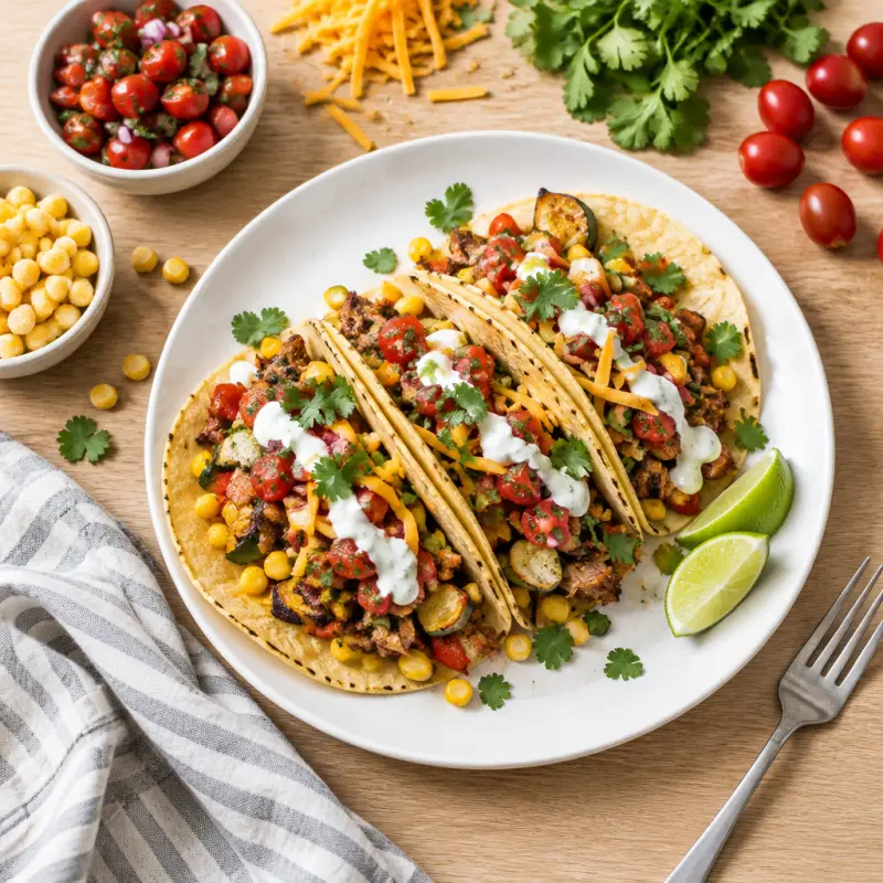 Pork Tacos with Roasted Veggies, Fresh Salsa & Lime Crema, plated