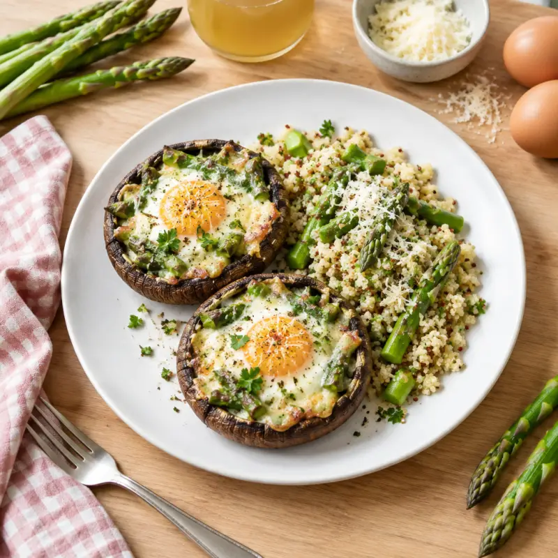 Portobello Mushroom Egg Bakes with Asparagus & Parmesan Quinoa, plated