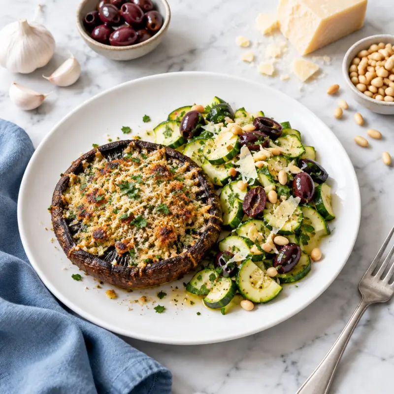 Portobello Mushroom "Parmesan" with Zucchini, Olive & Pine Nut Salad, plated