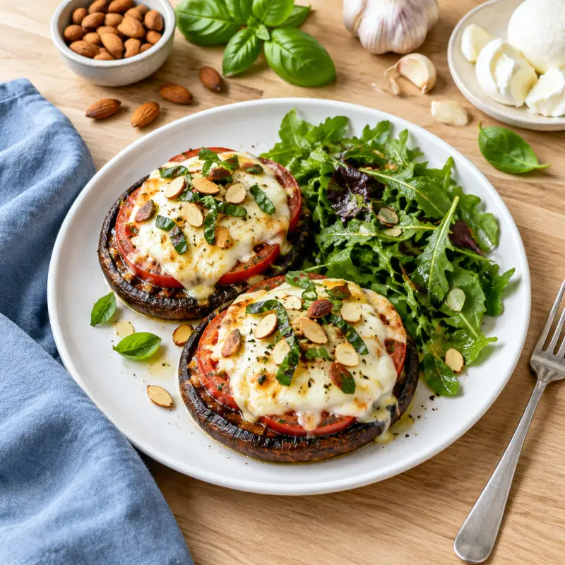 Portobello-Tomato Melts with Simple  Greens, plated