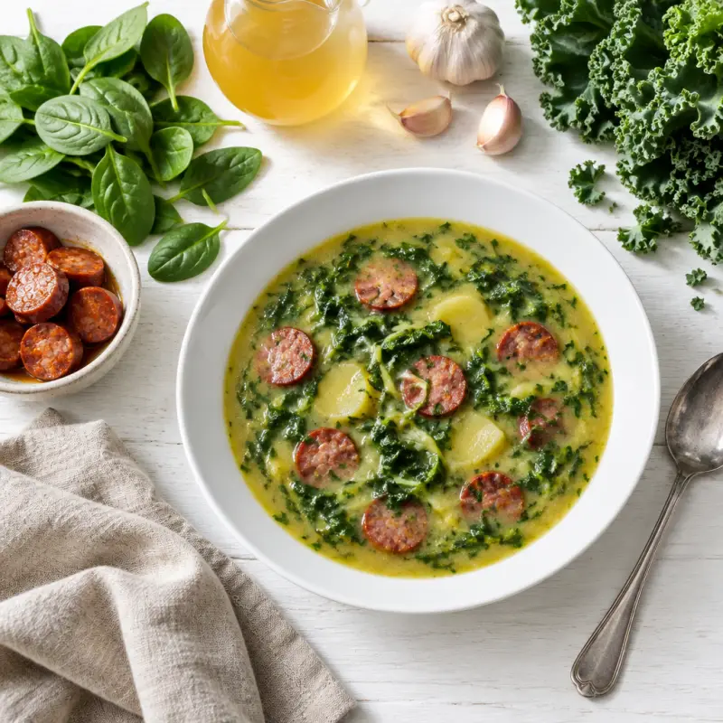 Portuguese Sausage, Potato & Leafy Greens Soup (Caldo Verde), plated