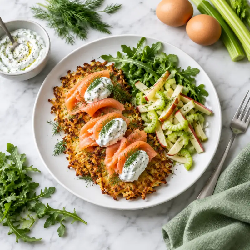 Potato Latkes with Smoked Salmon, Yogurt, Dill & Celery-Apple Salad, plated