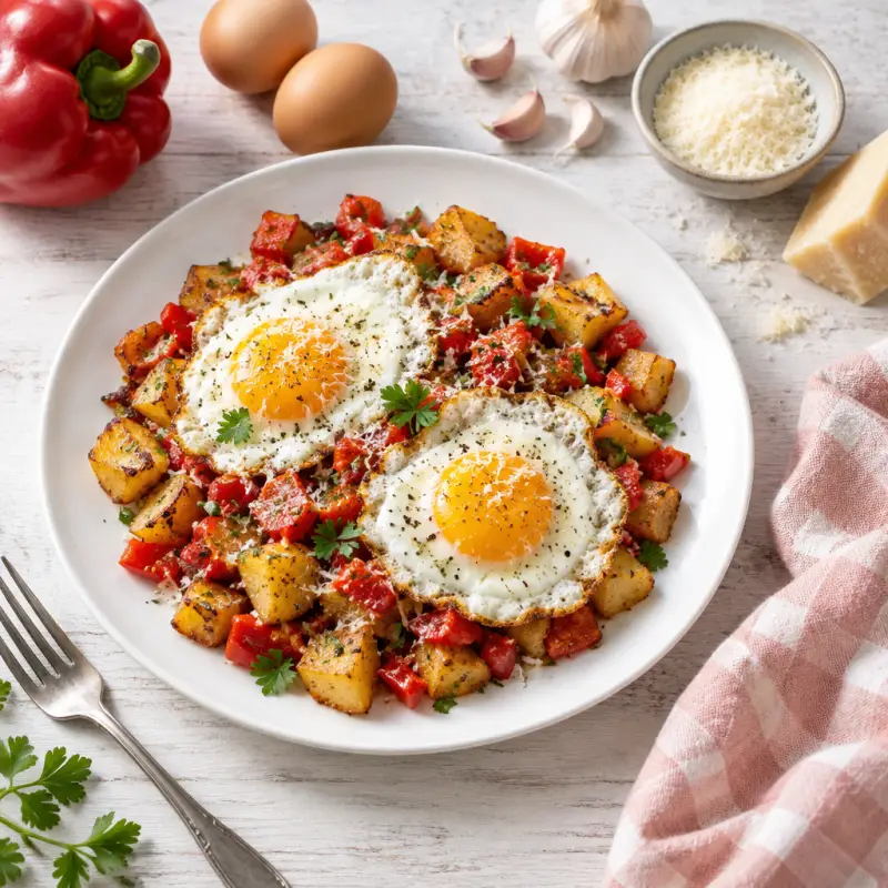 Potato & Red Pepper Hash with Fried Eggs & Parmesan, plated
