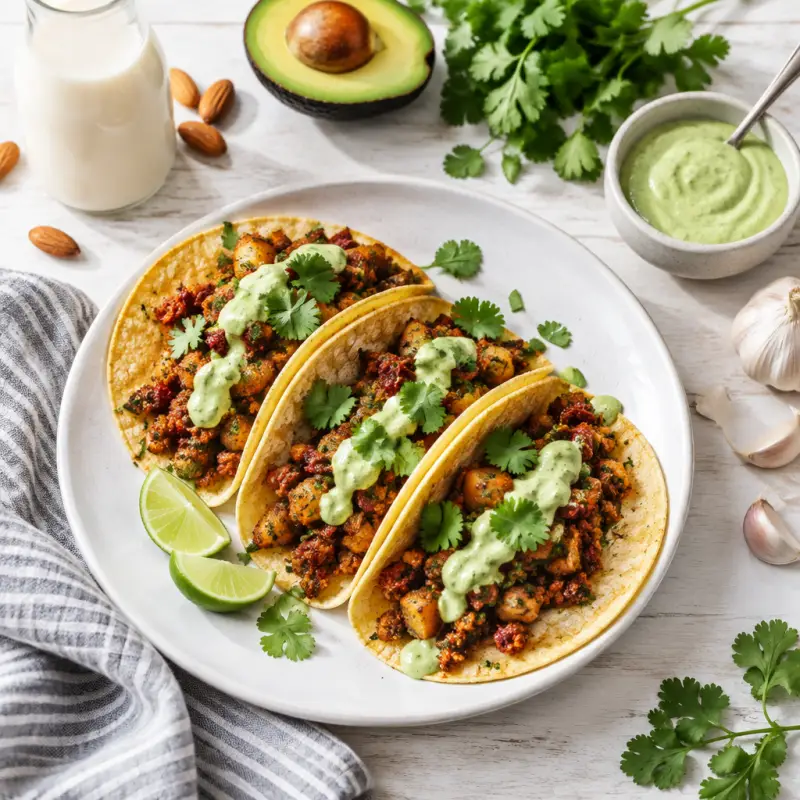 Potato, Walnut & Sun-Dried Tomato "Chorizo" Tacos with Avocado Cream, plated