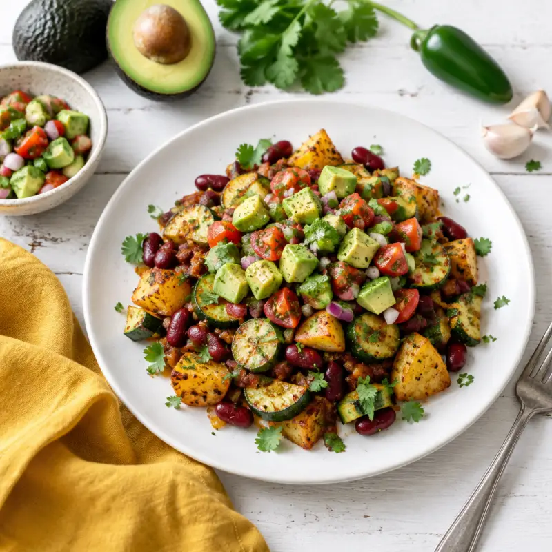 Potato, Zucchini & Kidney Bean Bake with Avocado Pico de Gallo, plated