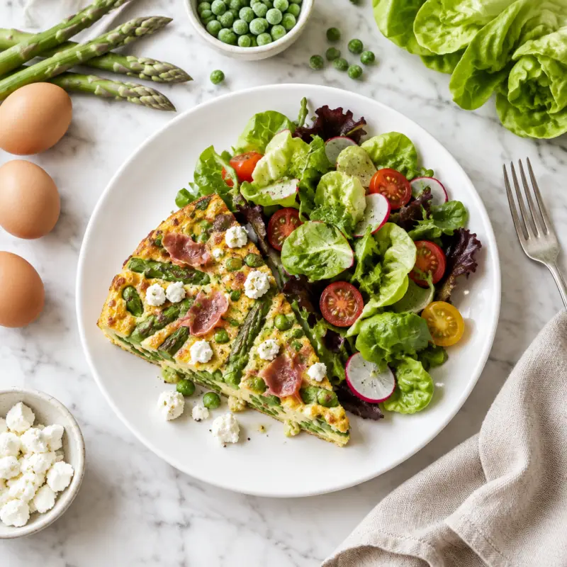 Prosciutto, Asparagus, Pea & Goat Cheese Frittata with Mixed Salad, plated