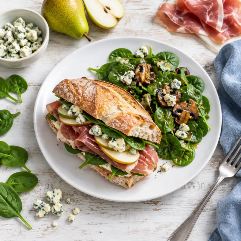 Prosciutto, Pear & Blue Cheese Sandwich with Spinach-Mushroom Salad, plated