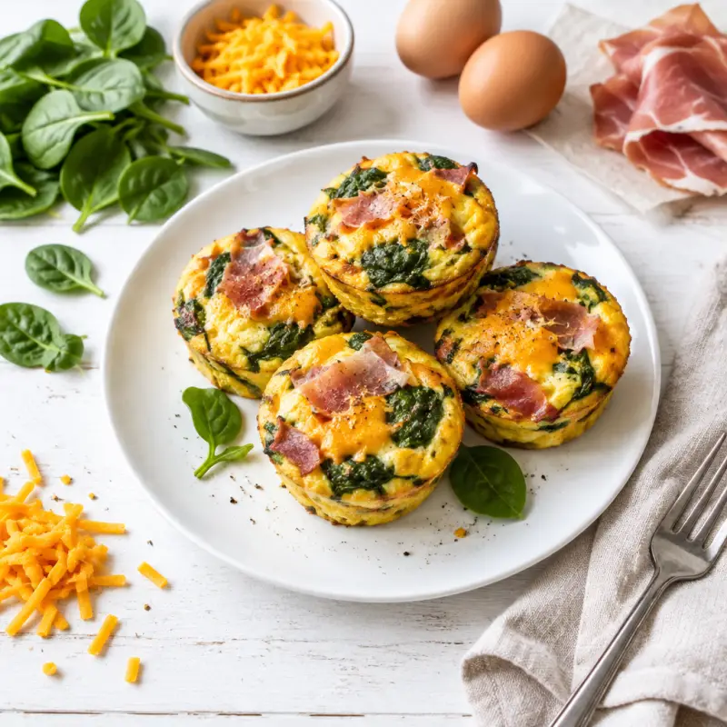 Prosciutto, Spinach & Cheddar Breakfast Egg Muffins, plated