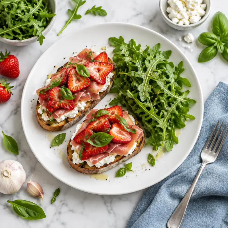 Prosciutto, Strawberry & Goat Cheese Toasts with Arugula Salad, plated