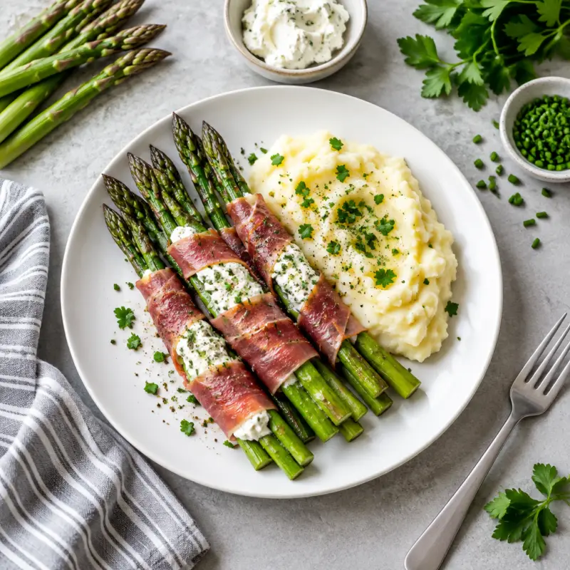 Prosciutto-Wrapped Asparagus with Herbed Cheese & Mashed Potatoes, plated