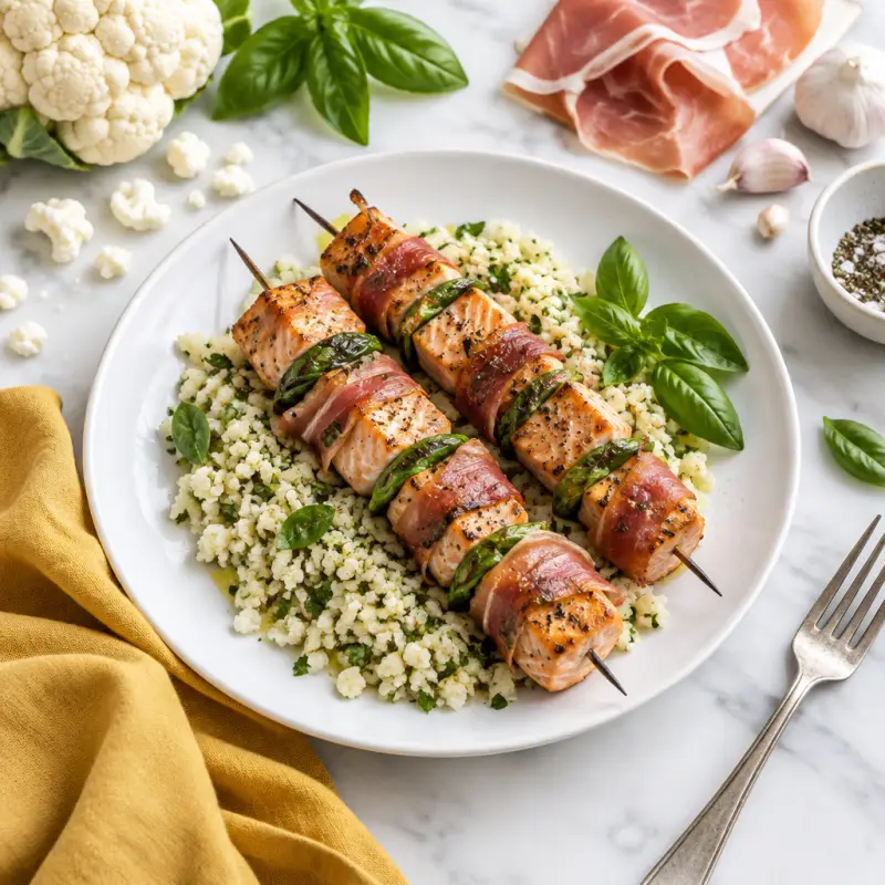 Prosciutto Wrapped Basil-Salmon Kabobs with Cauliflower Rice, plated
