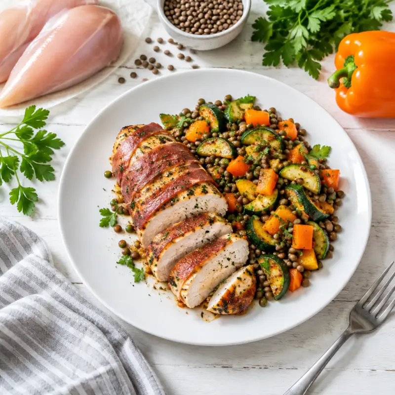 Prosciutto-Wrapped Chicken with Warm Lentil, Pepper & Zucchini Salad, plated