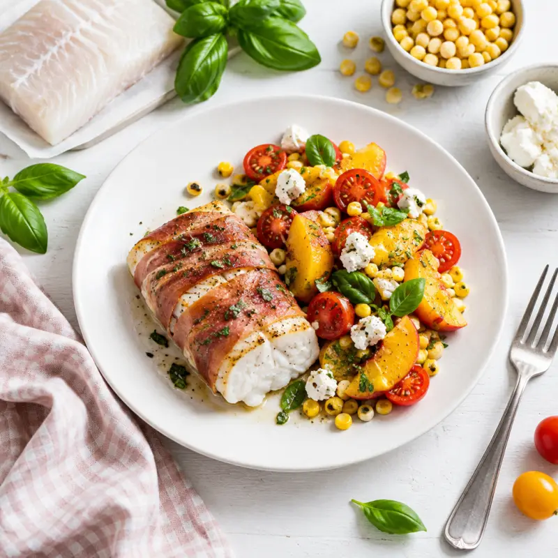 Prosciutto-Wrapped Cod with Tomato, Corn, Peach & Goat Cheese Salad, plated