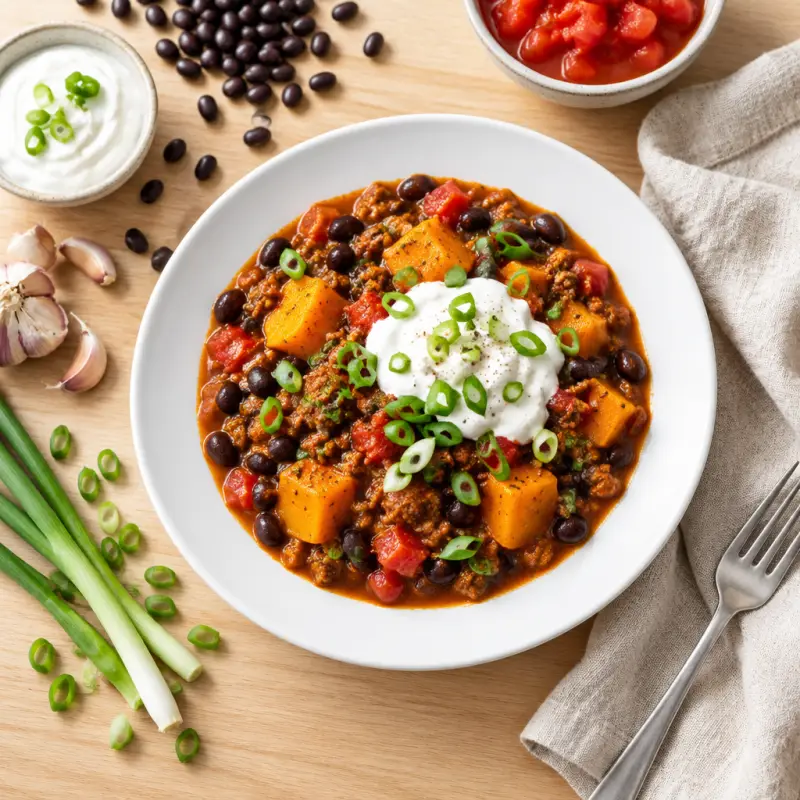 Pumpkin & Beef Chili with Green Onions & Cool Yogurt, plated