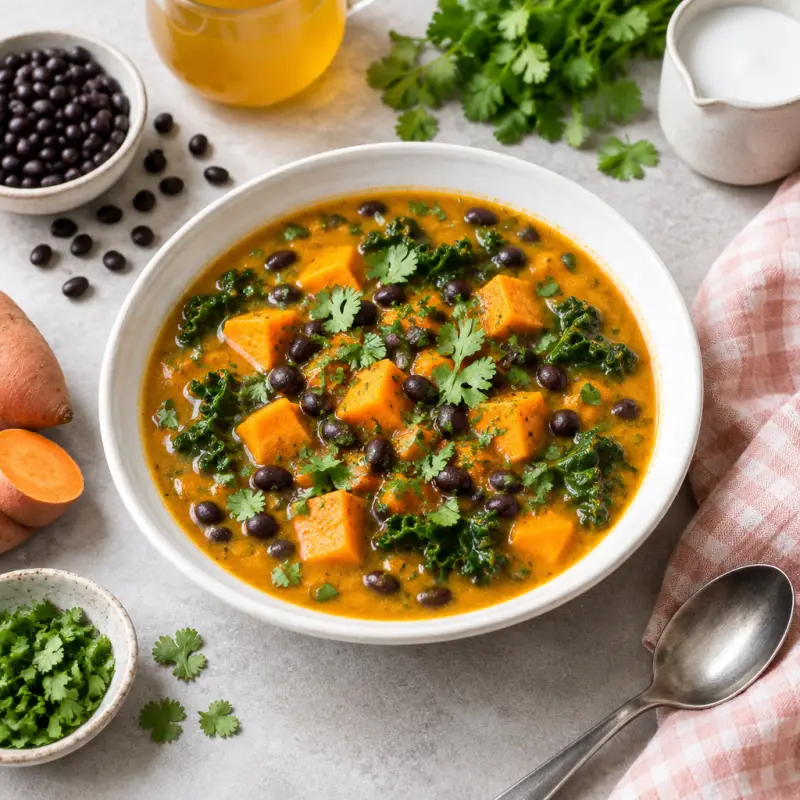 Pumpkin-Black Bean Soup with Sweet Potatoes & Tender Kale, plated