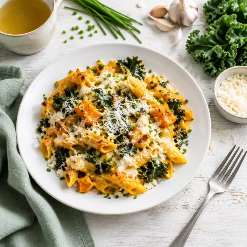 Pumpkin & Ricotta Pasta Bake with Kale, Parmesan & Chives, plated
