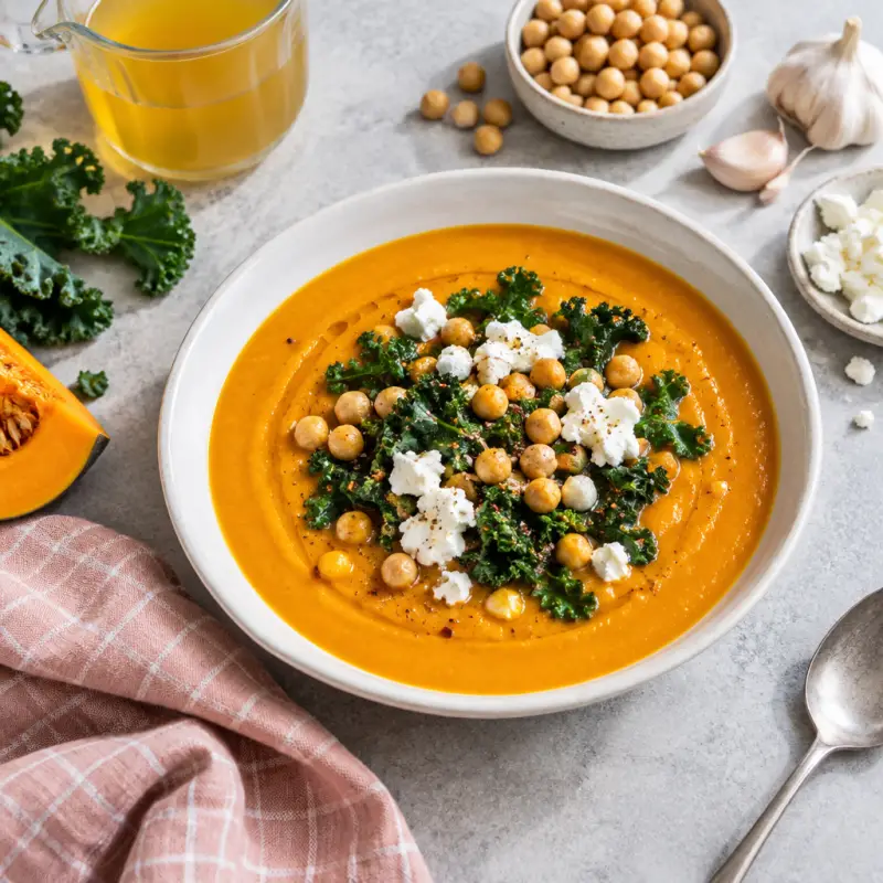 Pumpkin Soup with Goat Cheese & Chickpea-Kale Sauté, plated