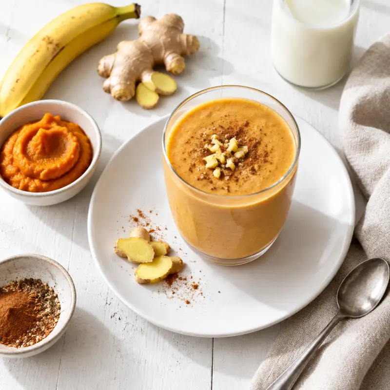 Pumpkin Spice Smoothie with Banana & Fresh Ginger, plated