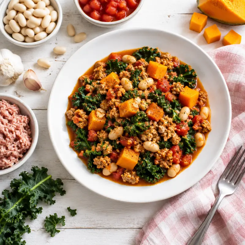 Pumpkin & Turkey Chili with Kale & Cannellini Beans, plated