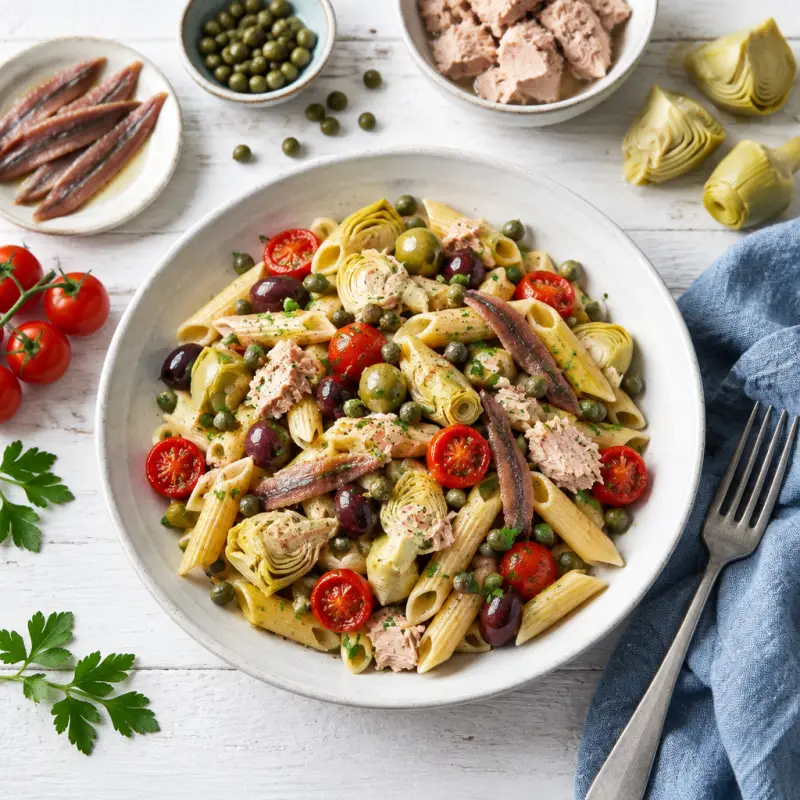 Puttanesca Pasta Salad with Tuna, Anchovies & Artichokes, plated