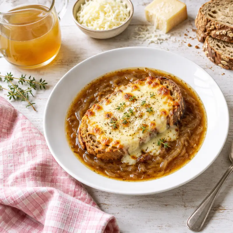 Quick & Cheesy French Onion Soup, plated