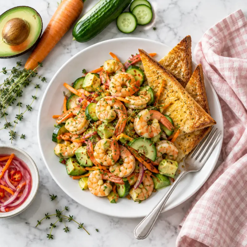 Quick Pickled Spicy Shrimp & Avocado Salad with Buttered Toast Points, plated