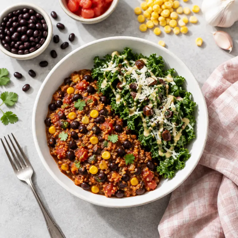 Quinoa Black Bean Chili with Parmesan-Date Kale Salad & Dijon Dressing, plated