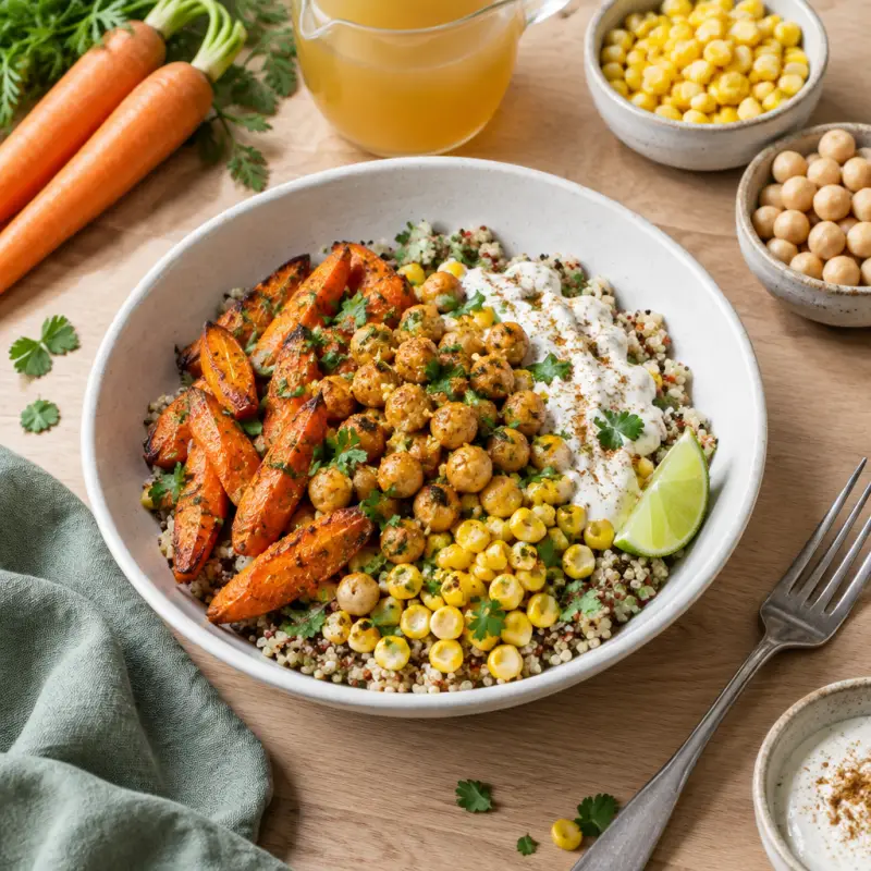 Quinoa Bowl with Roasted Carrots, Garlic-Lime Chickpeas & Cumin Yogurt, plated