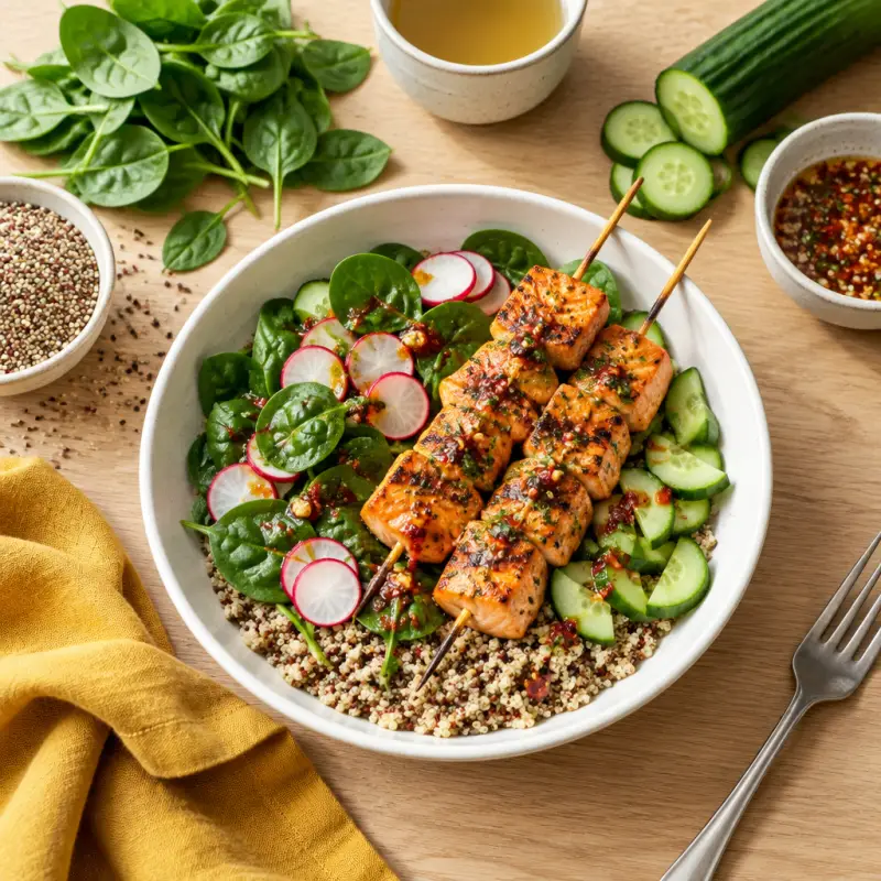 Quinoa Bowl with Salmon Skewers, Spinach, Radish & Chili-Garlic Sauce, plated