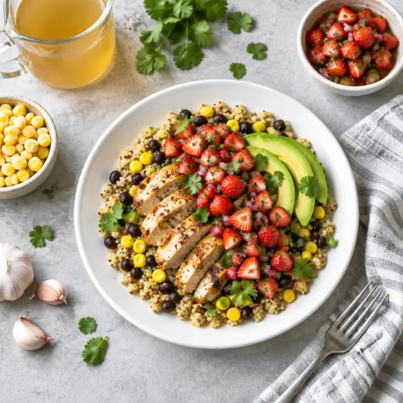 Quinoa Burrito Bowls with Fresh Strawberry Salsa, plated