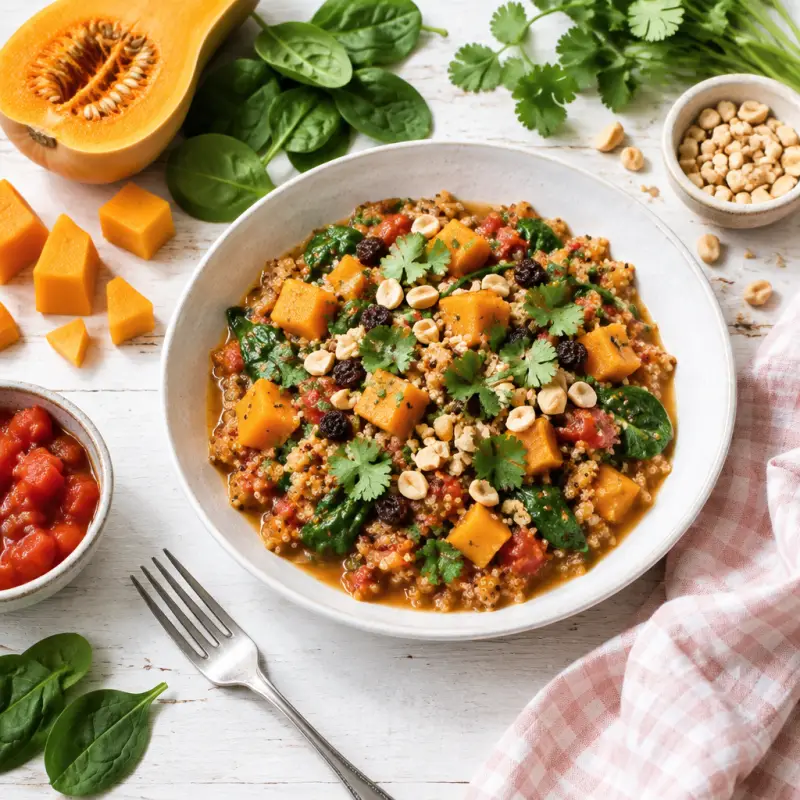 Quinoa-Butternut Squash Stew with Peanuts, Raisins, Spinach & Cilantro, plated
