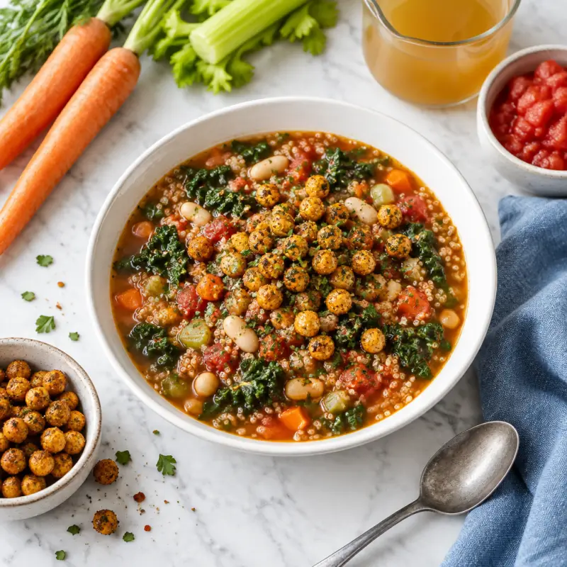Quinoa Minestrone with Kale & Crispy Italian-Spiced Chickpeas, plated