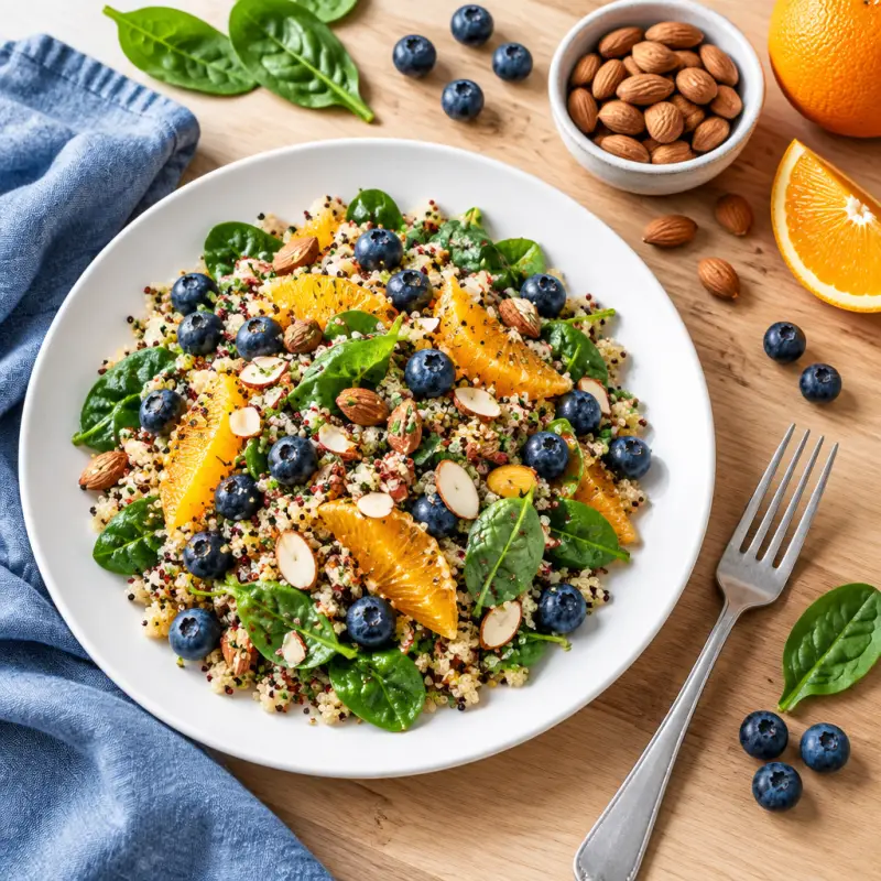 Quinoa, Orange & Blueberry Breakfast Salad with Almonds, plated