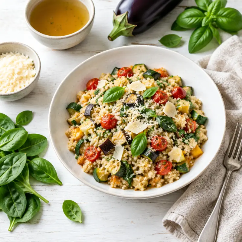 Quinoa "Risotto" with Garden Veggies, Basil & Parmesan, plated