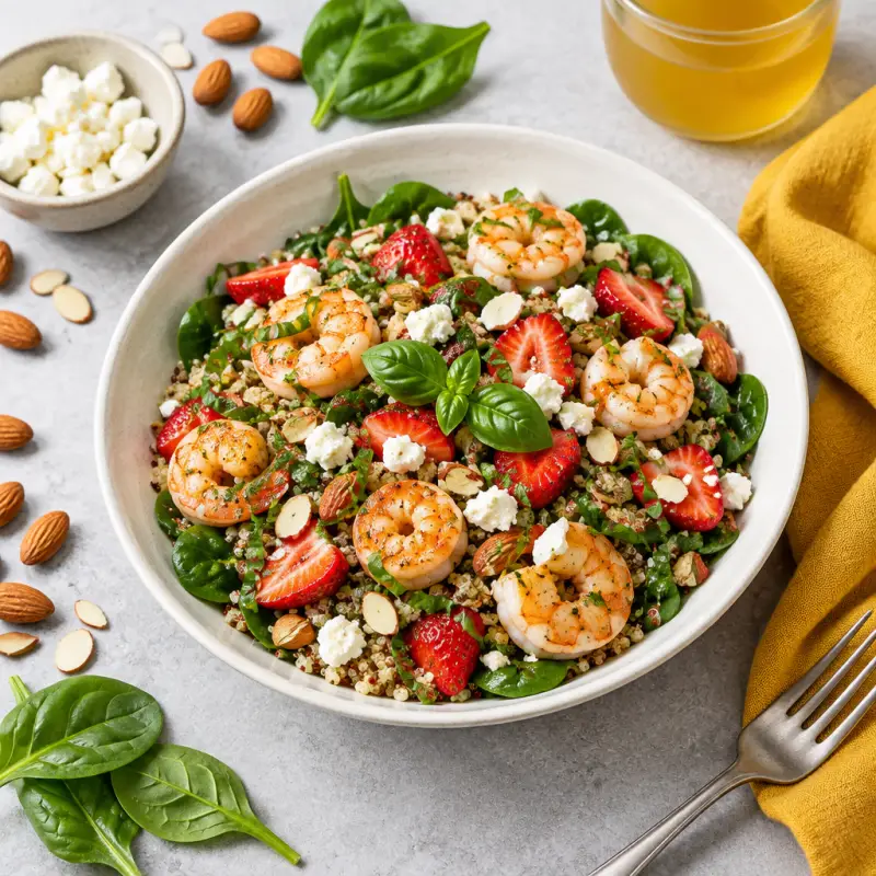 Quinoa-Spinach Salad with Shrimp, Strawberries, Basil, Feta & Almonds, plated