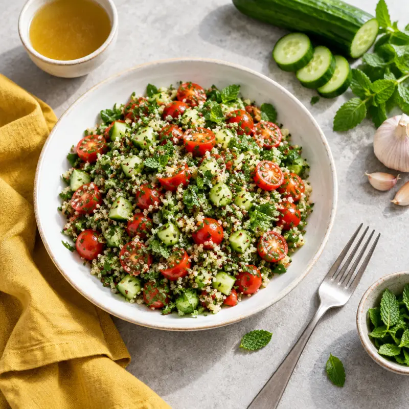 Quinoa Tabbouleh Salad with Grape Tomatoes & Cucumber, plated