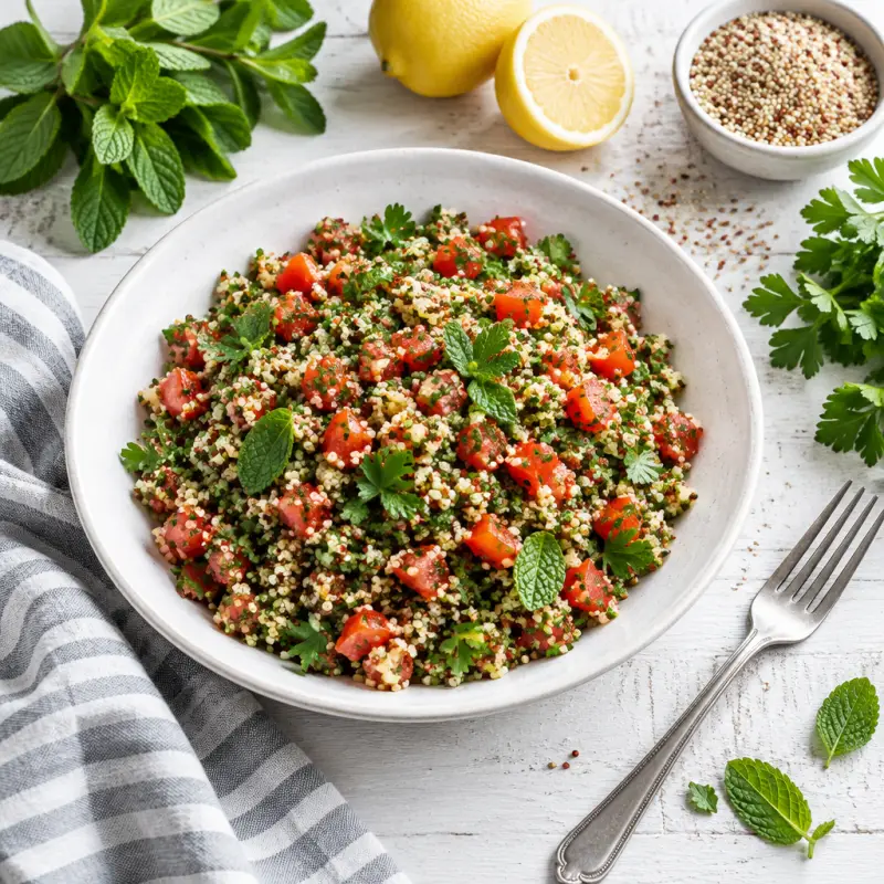 Quinoa Tabbouleh Salad with Tomato, Parsley & Mint, plated