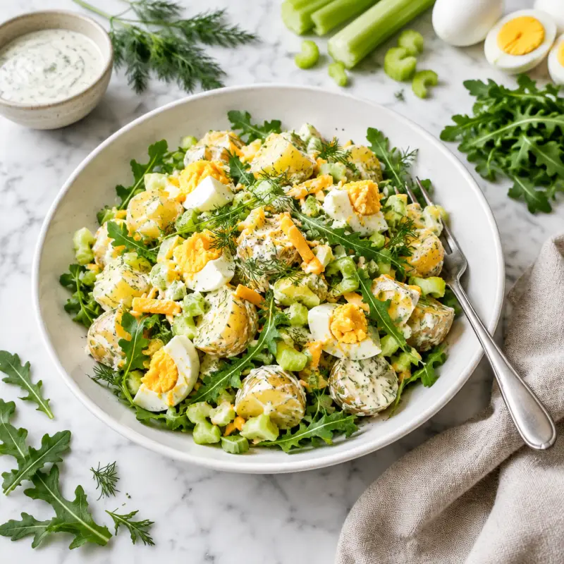 Ranch Potato-Egg Salad with Cheese, Celery, Dill & Lemony Arugula, plated