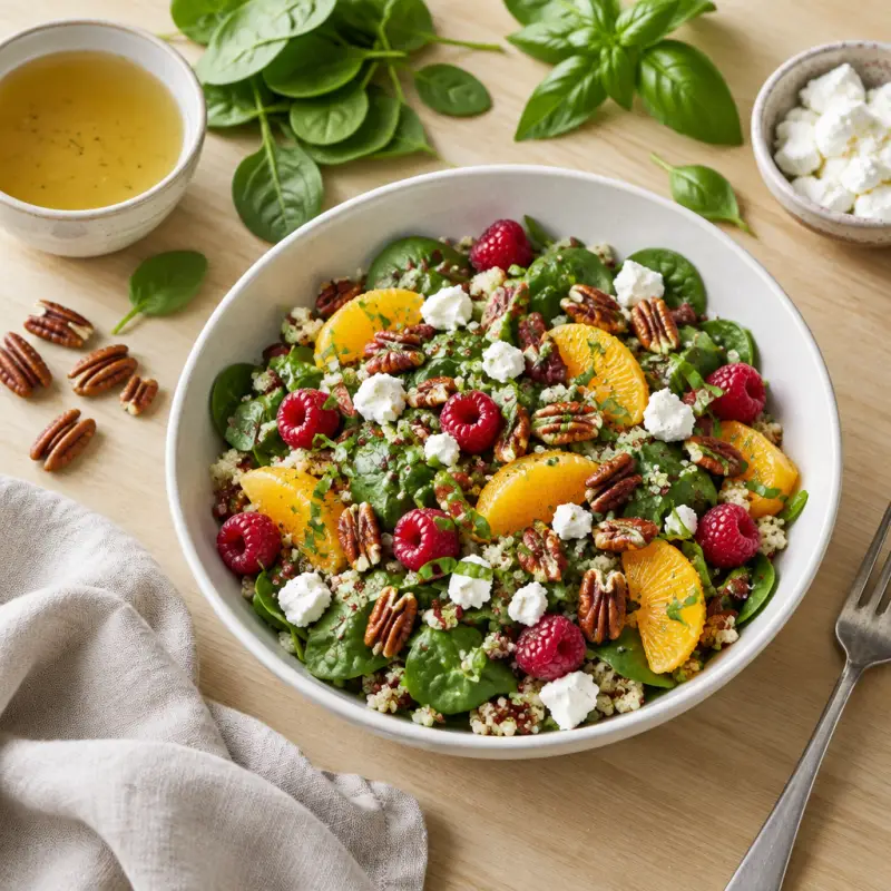 Raspberry-Basil Quinoa Spinach Salad with Orange, Pecans & Goat Cheese, plated