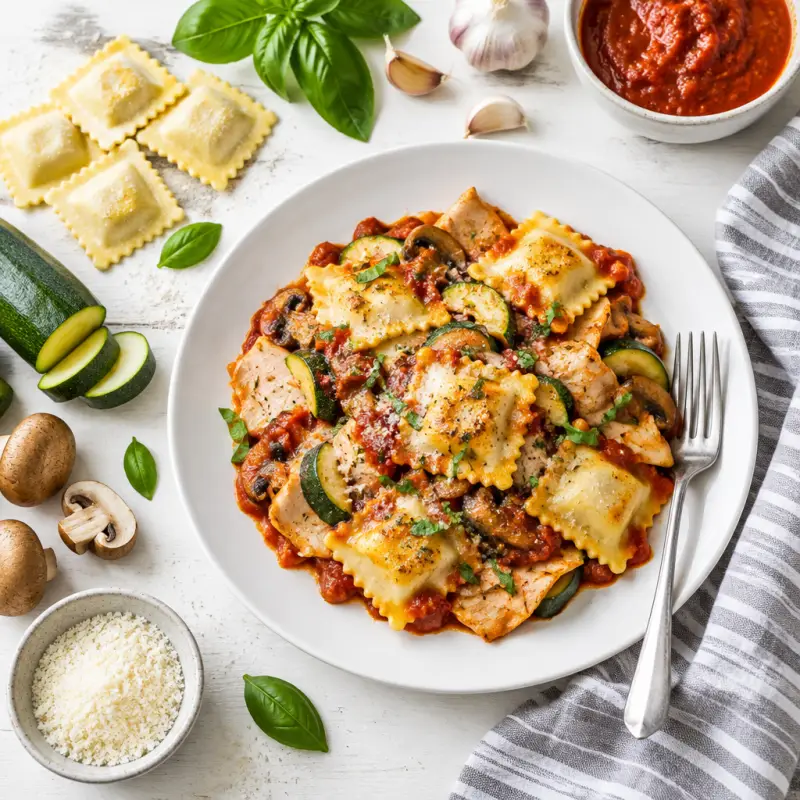 Ravioli Skillet Bake with Deli Turkey, Zucchini & Mushrooms, plated