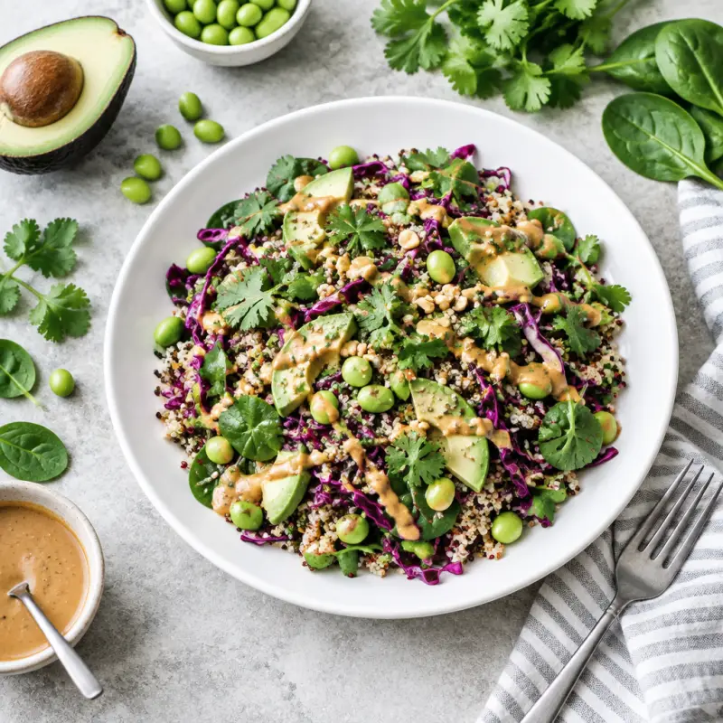 Red Cabbage, Quinoa & Edamame Salad with Asian Peanut-Herb Dressing, plated