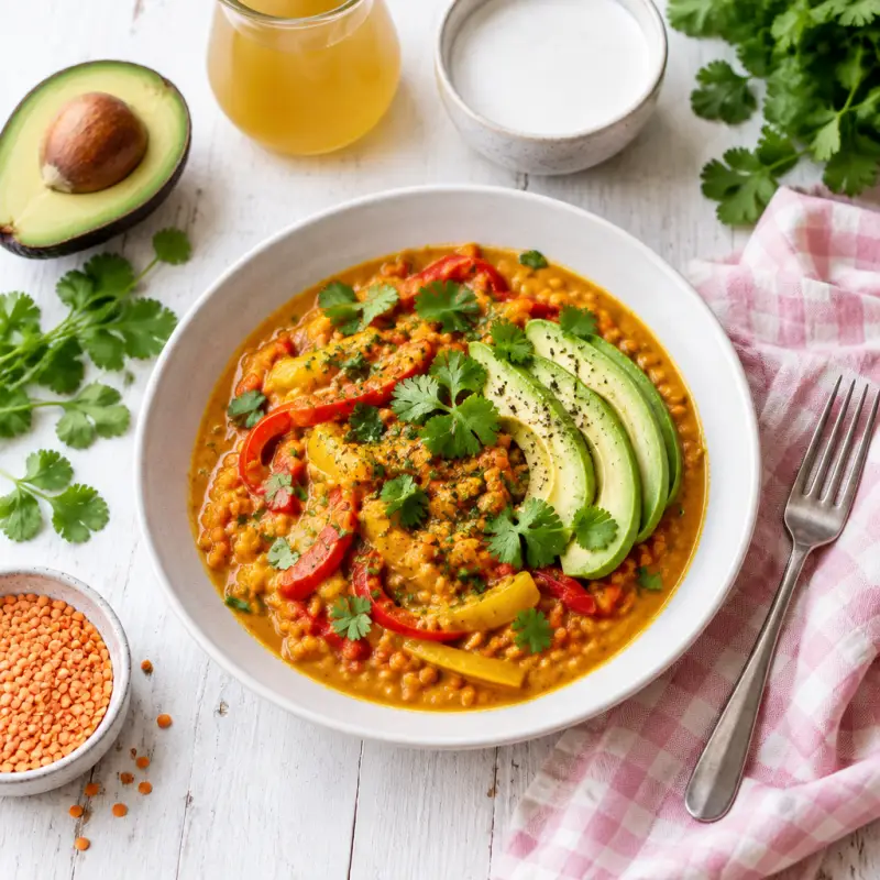 Red Lentil Coconut Curry with Peppers & Avocado, plated