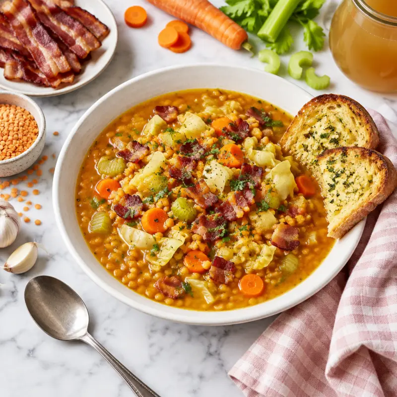 Red Lentil Soup with Bacon, Cabbage, Carrots, Celery & Garlic Toast, plated