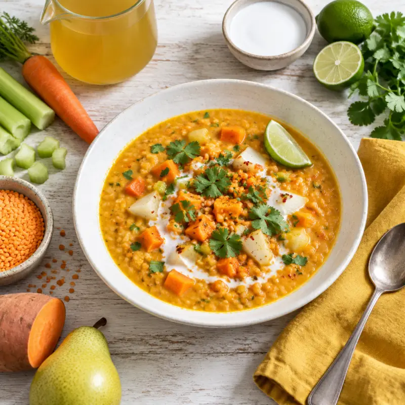 Red Lentil Soup with Sweet Potato, Pear, Coconut Milk & Lime, plated