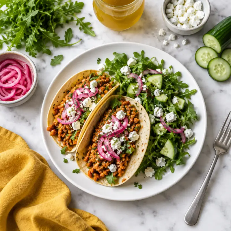 Red Lentil Tacos with Veggie-Herb Salad, Quick Pickled Onions & Feta, plated