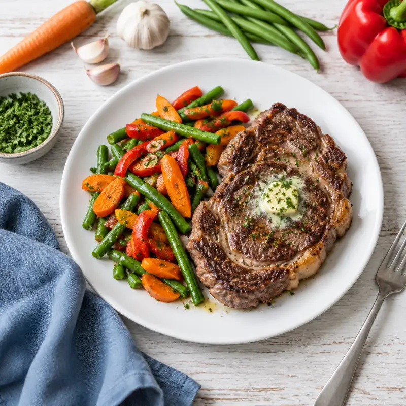 Rib Eye Steak with Buttery Sautéed Mixed Vegetables, plated