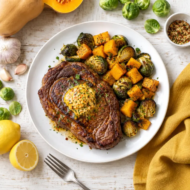 Ribeye with Spicy "Cowboy" Butter, Butternut Squash & Brussels Sprouts, plated