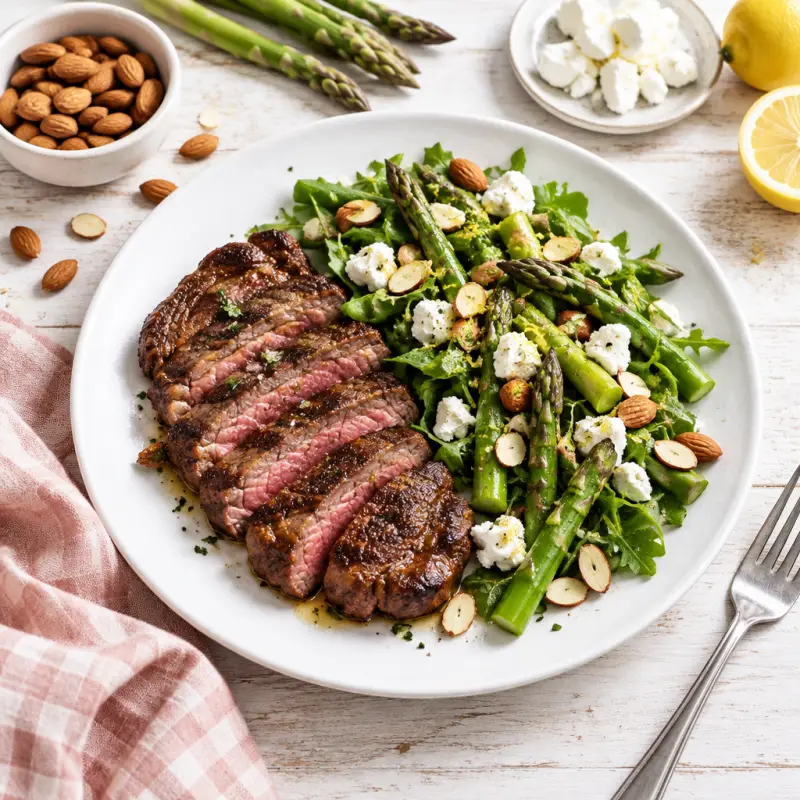 Ribeye Steak with Asparagus, Almond & Goat Cheese Salad, plated